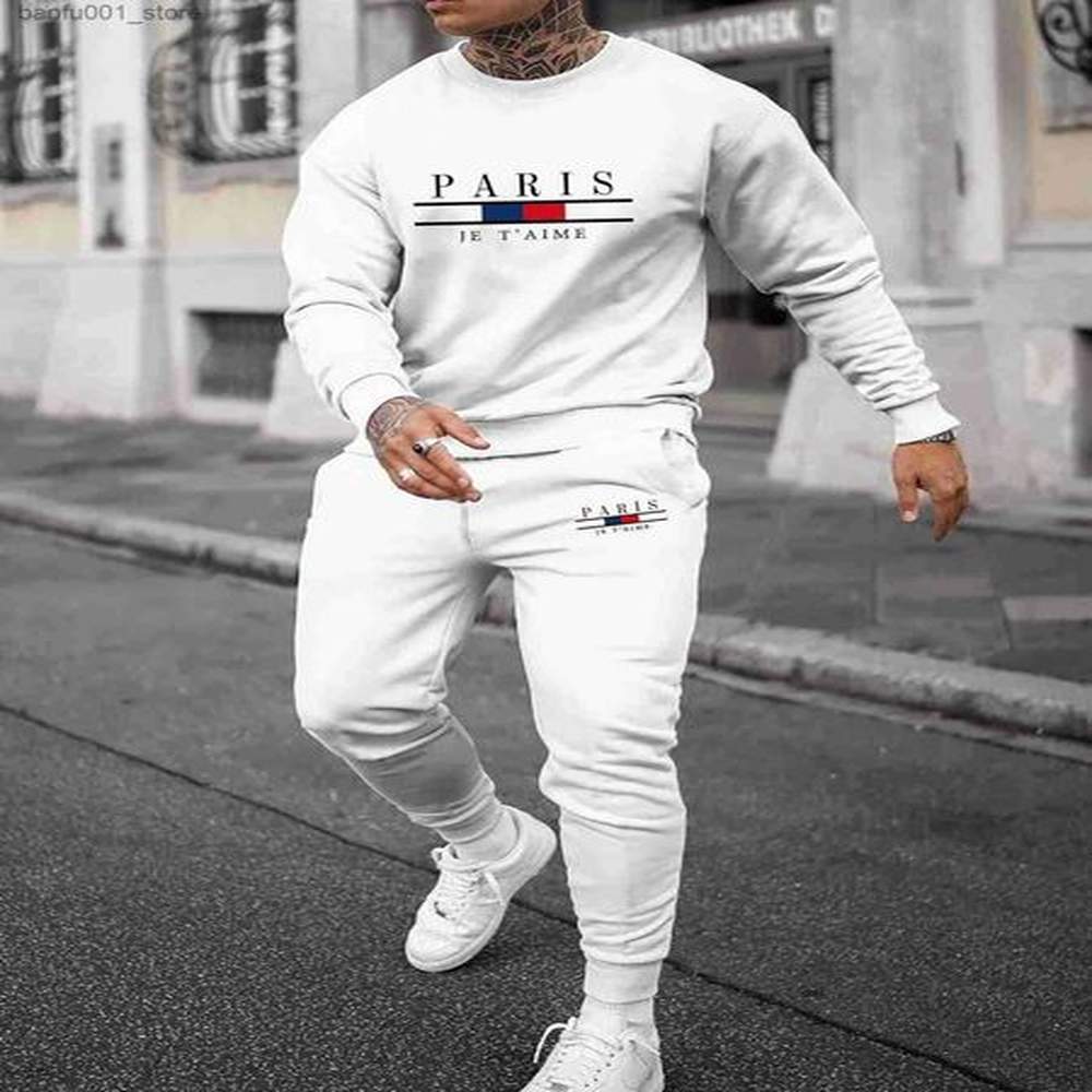 Men's Tracksuits Autumn Trendy New Sweatshirt Sweatpants Set Mens Loose Casual Fit Paris Letter Printed Hundred On All 2 Pieces Set Q25