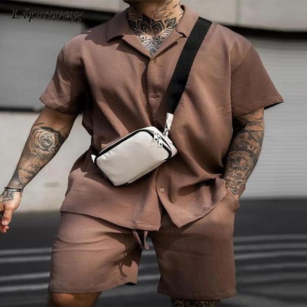 Men's Tracksuits Casual Ribbed Solid Color Two Piece Set Man Summer Short Sleeve Lapel Shirts And Shorts Suits Fashion Mens Clothing Ou