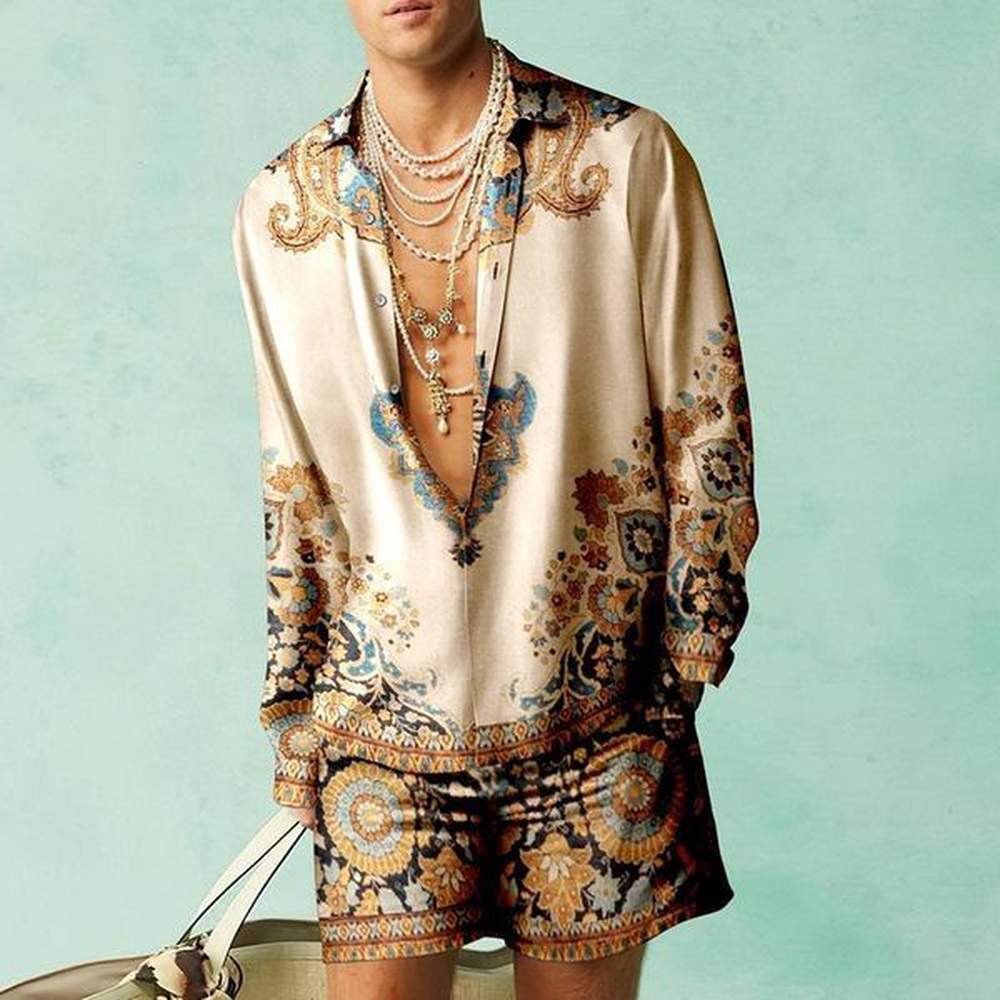 Men's Tracksuits Fashion 3D Print Two Piece Set Men Long Sleeve Lapel Shirts And Shorts Casual Loose Suits Summer Hawaiian Beach Outfit