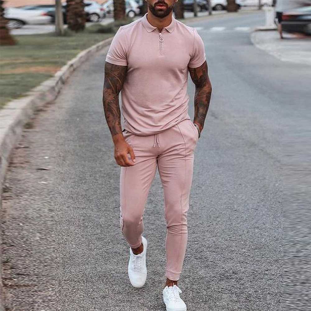 Men's Tracksuits Fashion Solid Mens Clothes 2022 Summer 2 Piece Set Men Turn-down Collar Zipper Tops And Drawstring Pants Outfit Casual