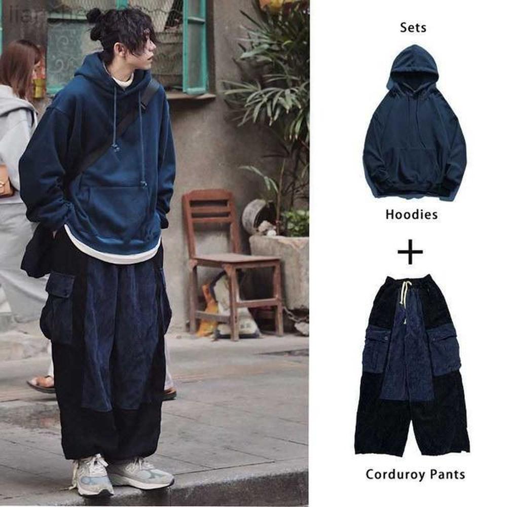 Men's Tracksuits HOUZHOU Men's Sets Corduroy Cargo Pants for Men Loose Men's Hoodies Sweatshirt Black Japanese Streetwear Hip