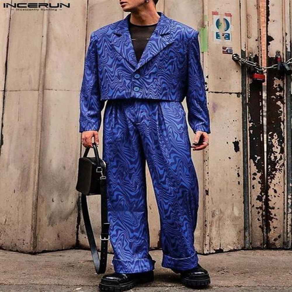 Mens Tracksuits INCERUN Men Sets Printing Autumn Loose Lapel Long Sleeve Crop Blazer Pants 2PCS Streetwear Fashion Casual Suits S5XL 230818