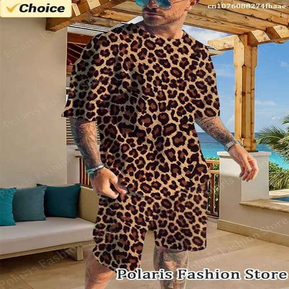 Men's Tracksuits Leopard Print Tracksuit Mens Shorts Sle T-shirt Set Shorts 2-piece Set Oversized Casual Retro Luxury Brand Set Y250111