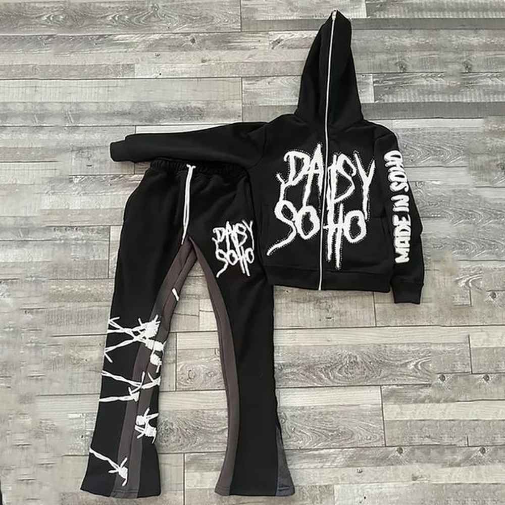 Mens Tracksuits Letter Print Hoodie American Street Vintage Hip Hop Style Autumn Winter and Womens Full Zip Sweatshirt Sweatpants Suit
