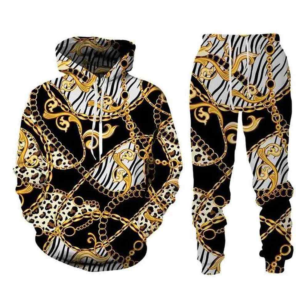 Men's Tracksuits Mens Hoodie Set Baroque Style Sportswear 3D Printed Crown Gold Chain Hoodie Sportswear Casual Mens Zipper Sportswear S