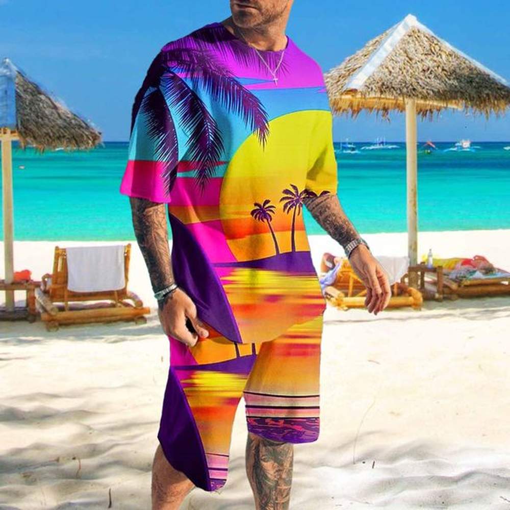Men's Tracksuits Men's Shorts and T Shirt Set T-shirt Outfits Crew Neck Clothing Apparel 3D Print Graphic Coconut Tree Beach Outdo