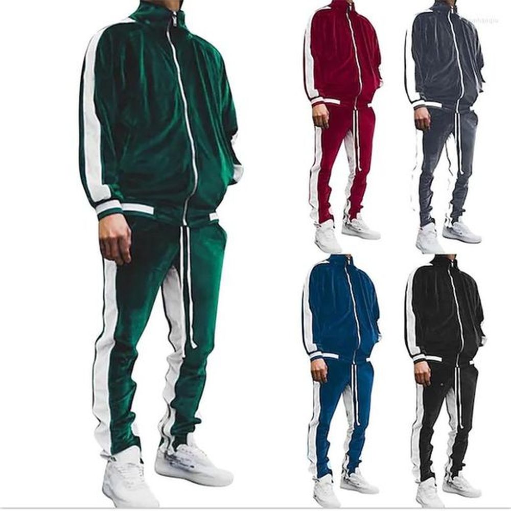 Men's Tracksuits Men's Tracksuit Sweatsuit Jogging Suits Velour Wine Red Green Black Blue Dark Gray Standing Collar Color Block 2