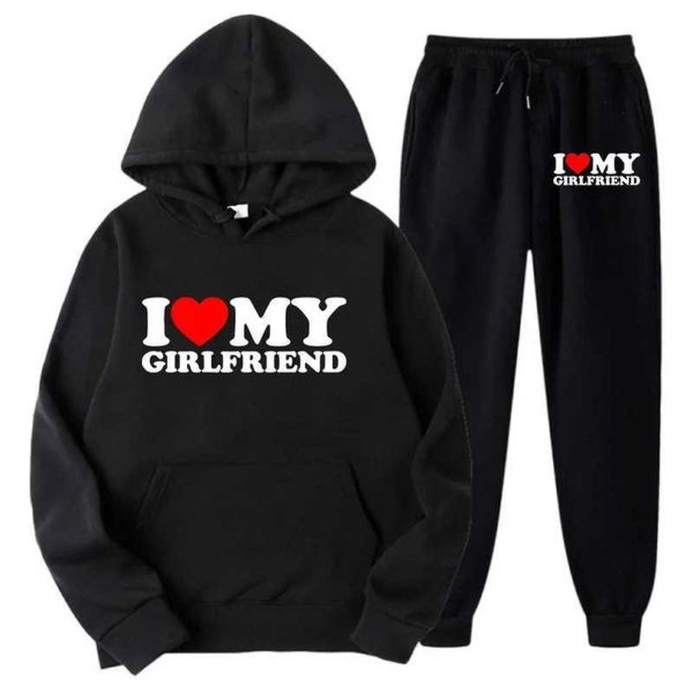 Men's Tracksuits New I Love My Girlfriend Printed Mens Track and Field Uniform Hoodie Thick Zipper and Pants Set Mens Autumn Flce Joggi