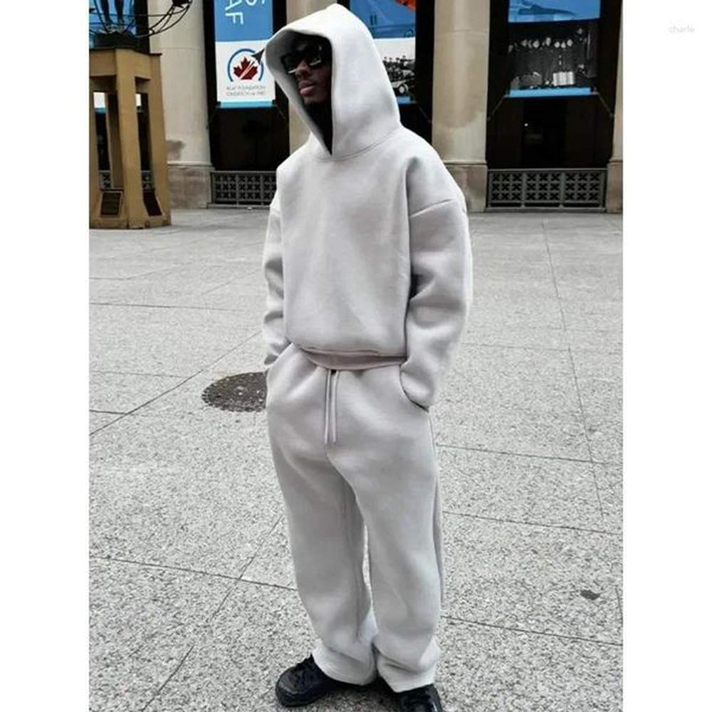 Mens Tracksuits 2 Piece Set - Hooded Sweatshirt Casual Loose Sweatpants Autumn Jogging Outfits Suits Solid Color Couple