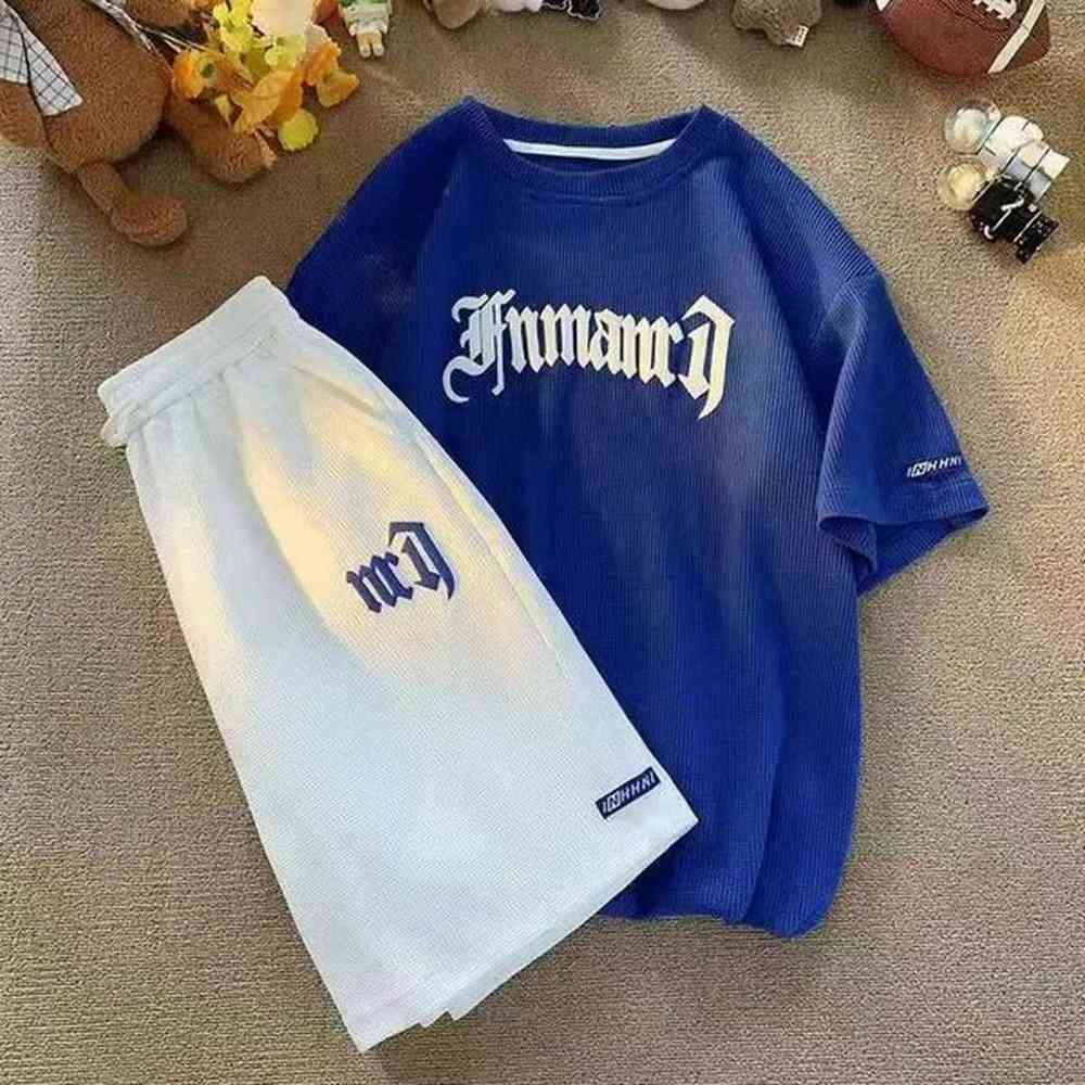 Men's Tracksuits 2-piece/set summer mens T-shirt shorts set letter printed O-neck shorts Sve mens sportswear set casual waffle texture