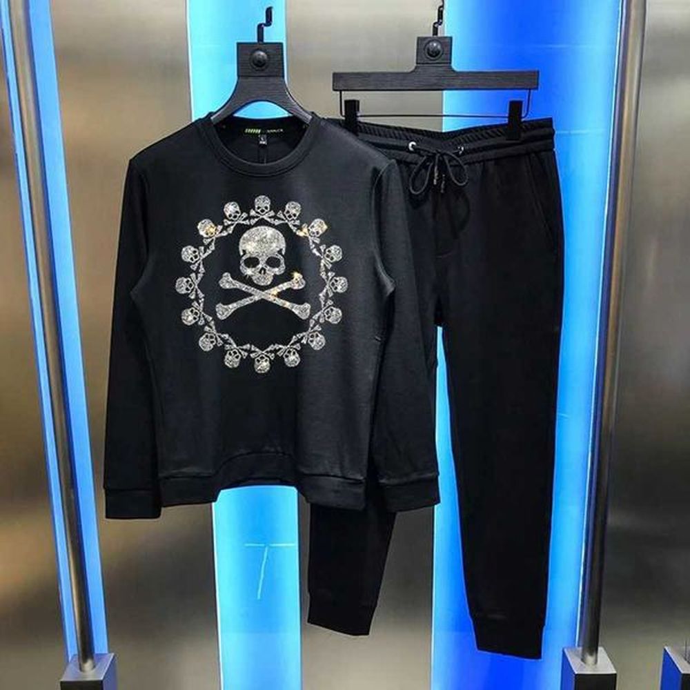 Men's Tracksuits Plus Velvet Thick Winter Oversized Mens Track Suit Loose Hot Drilling Skull Sets Pullover Sweatshirt z250117