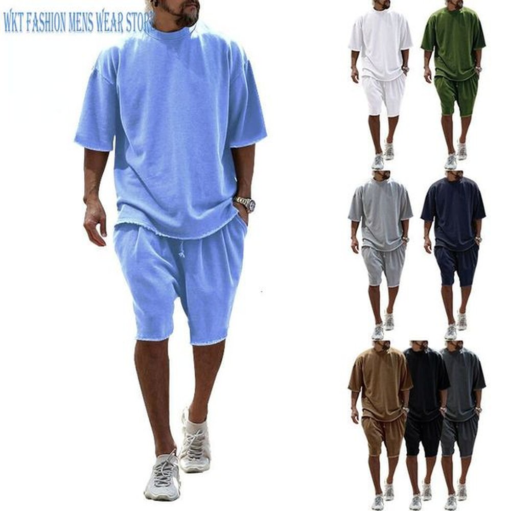 Men's Tracksuits Sets Summer Suit Solid Crew Neck T shirt Short Sleeves Shorts Loose Leisure Daily Mens Pants Casual Men Clothing 23071