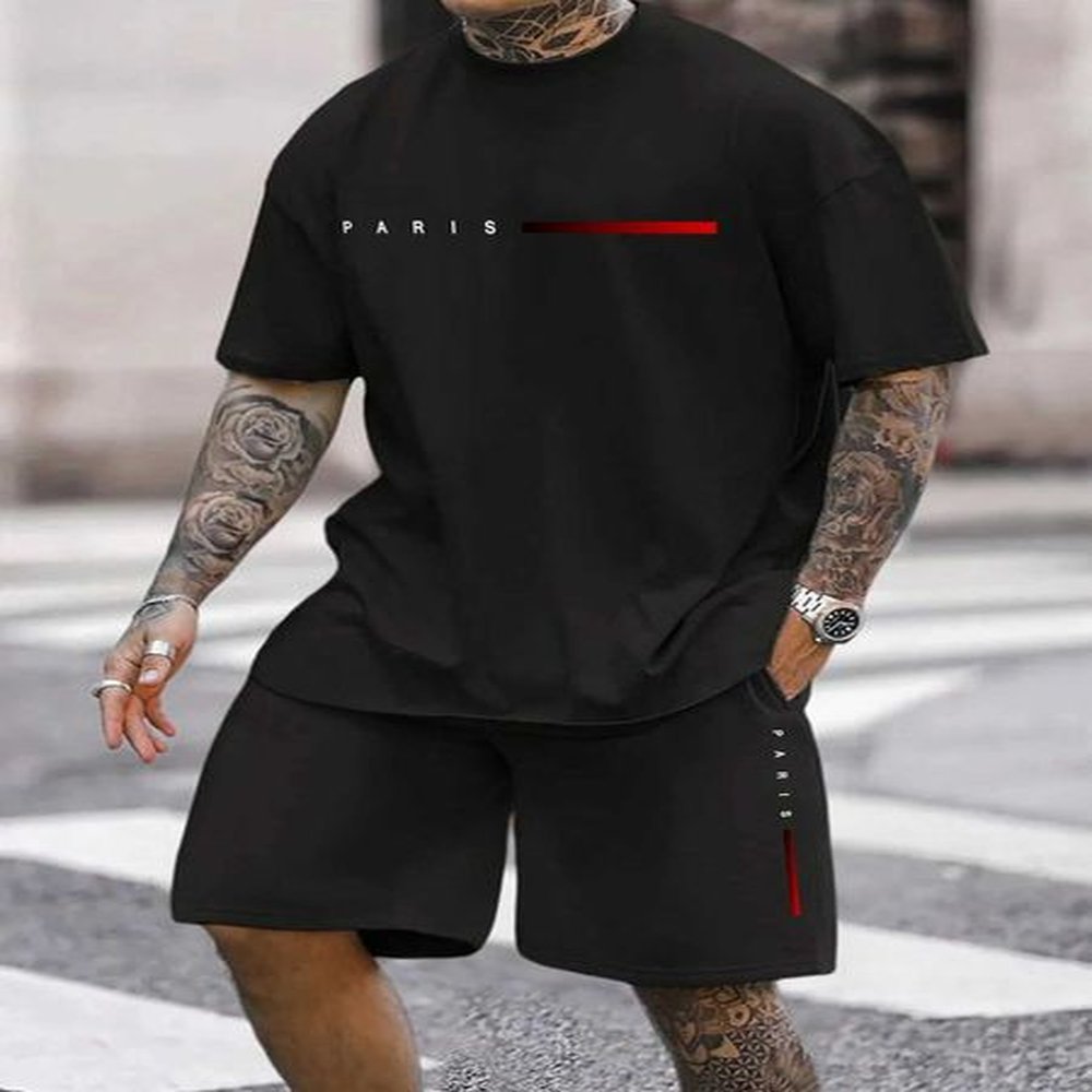 Men's Tracksuits Short Sved Short Summer Set Mens T-shirt Trendy Round Neck Mens Set with Gangster Handmade Sports Two Piece Set z25011