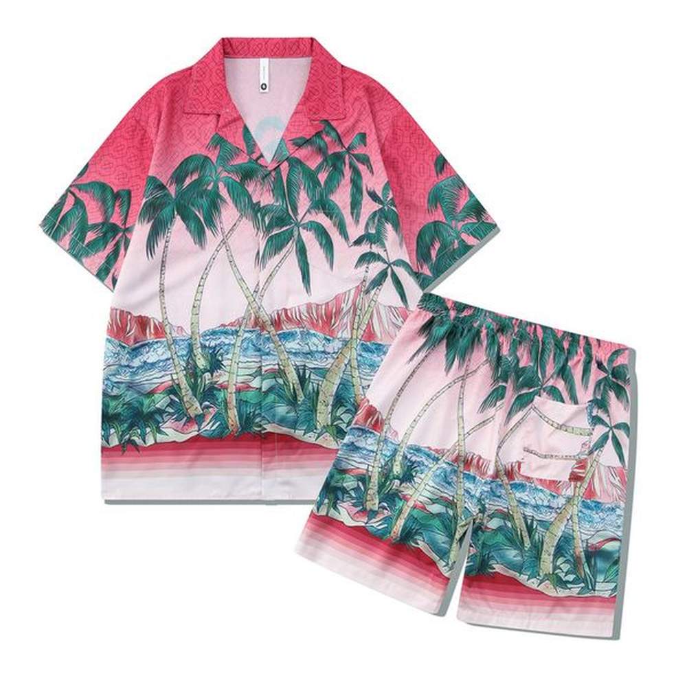 Men's Tracksuits Shorts Beach Green Flame Print Loose Hawaiian Shirts Shorts 2 Piece Set Summer Male Casual on Vacation Outfit Sets