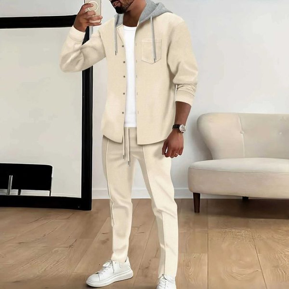 Mens Tracksuits Spring and autumn new waffles mens casual slim fit hooded sweatshirt long sleeved cardigan matching color fashionable highqu