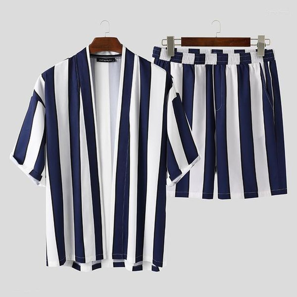 Men's Tracksuits Summer Men Striped Sets Streetwear Loose Open Stitch Short Sleeve Shirt Fashion Shorts Beach Breathable Casual Mens Se