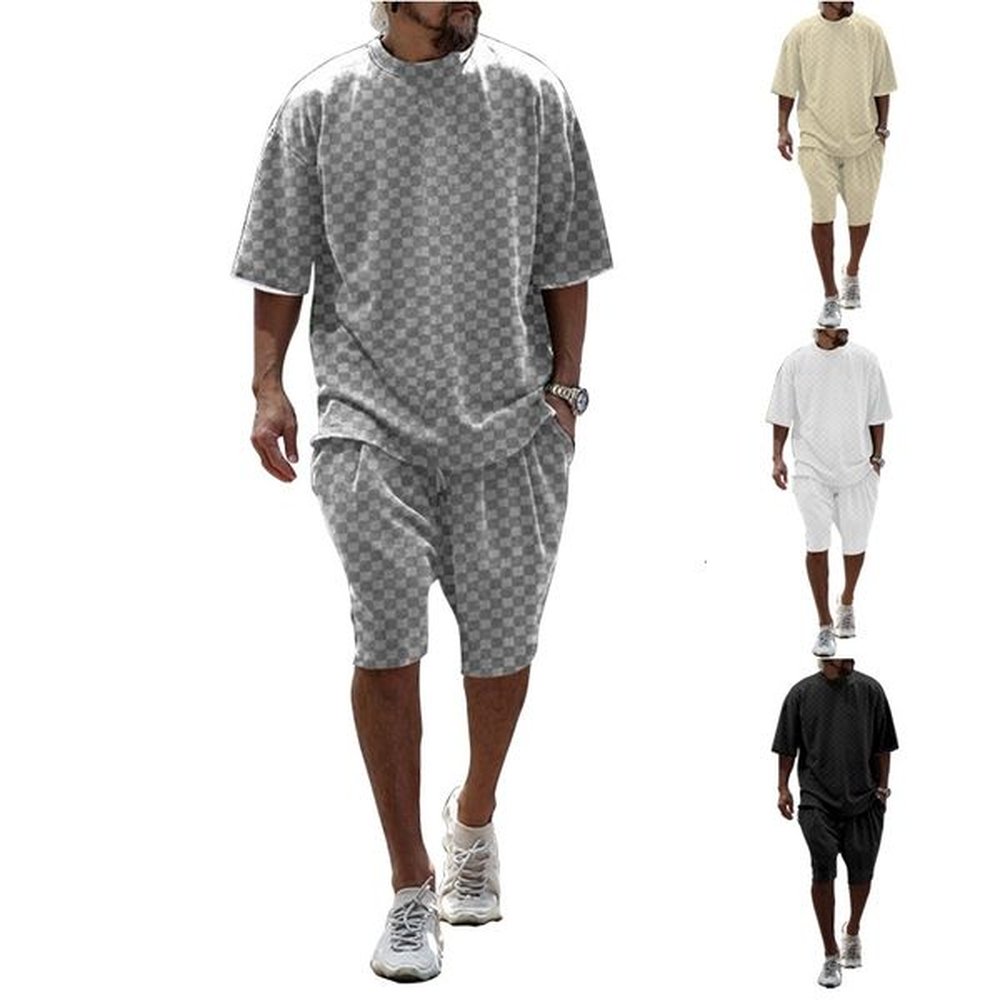 Men's Tracksuits Summer Mens Jacquard Plaid Two Piece Set Short Sved T-shirt Loose Oversized Straight Leg Casual Shorts Outfits S25103