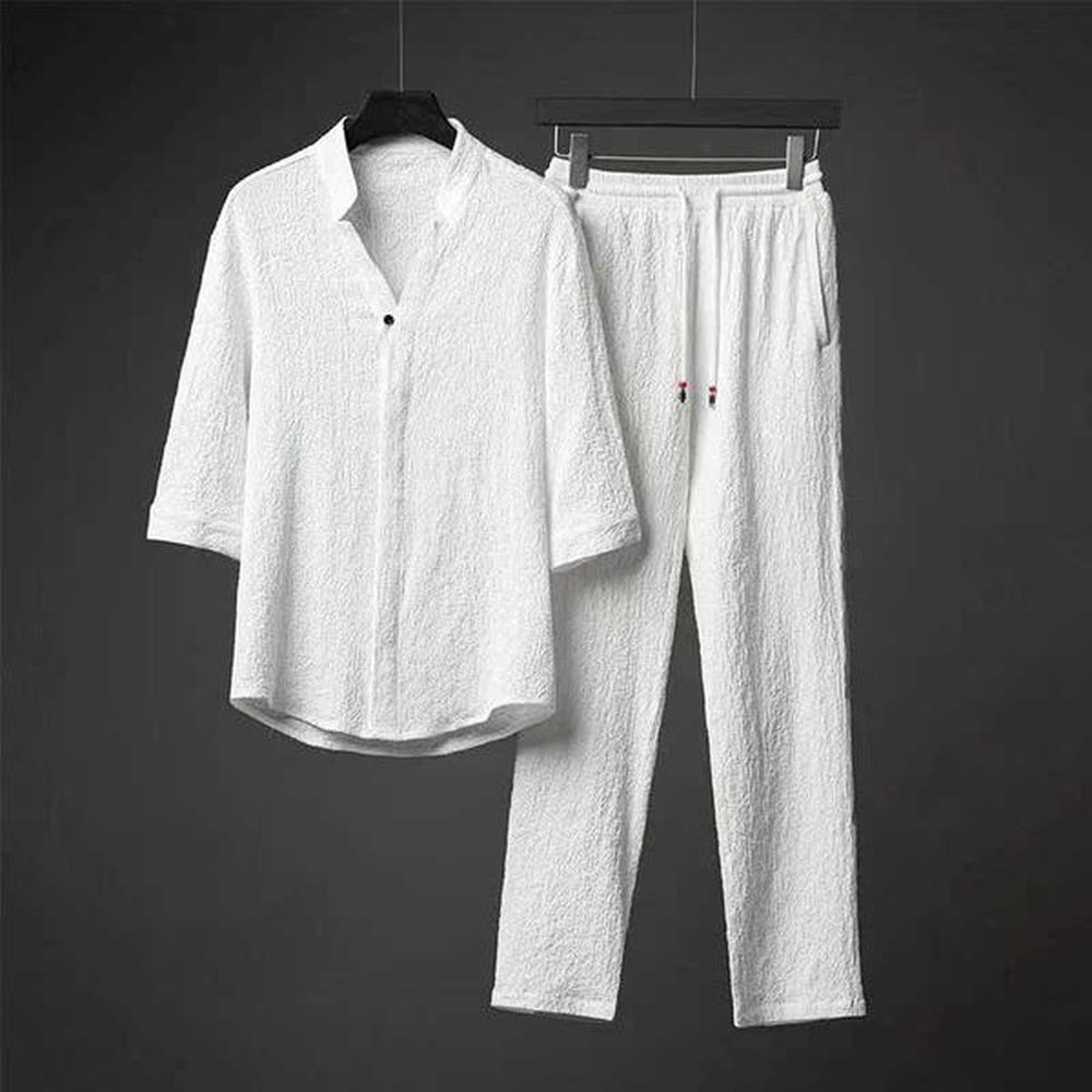Men's Tracksuits Summer New Linen Set Traditional Mens Solid Tai Chi Uniform Retro V-neck Short sleeved Shirt and Pants Two piece Set J
