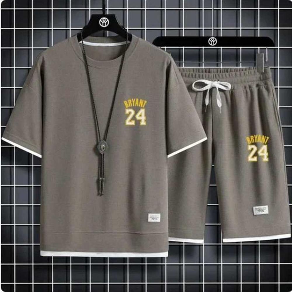 Men's Tracksuits Summer new printed mens waffle biscuit casual T-shirt and shorts set basketball sports fitness breathable quick drying