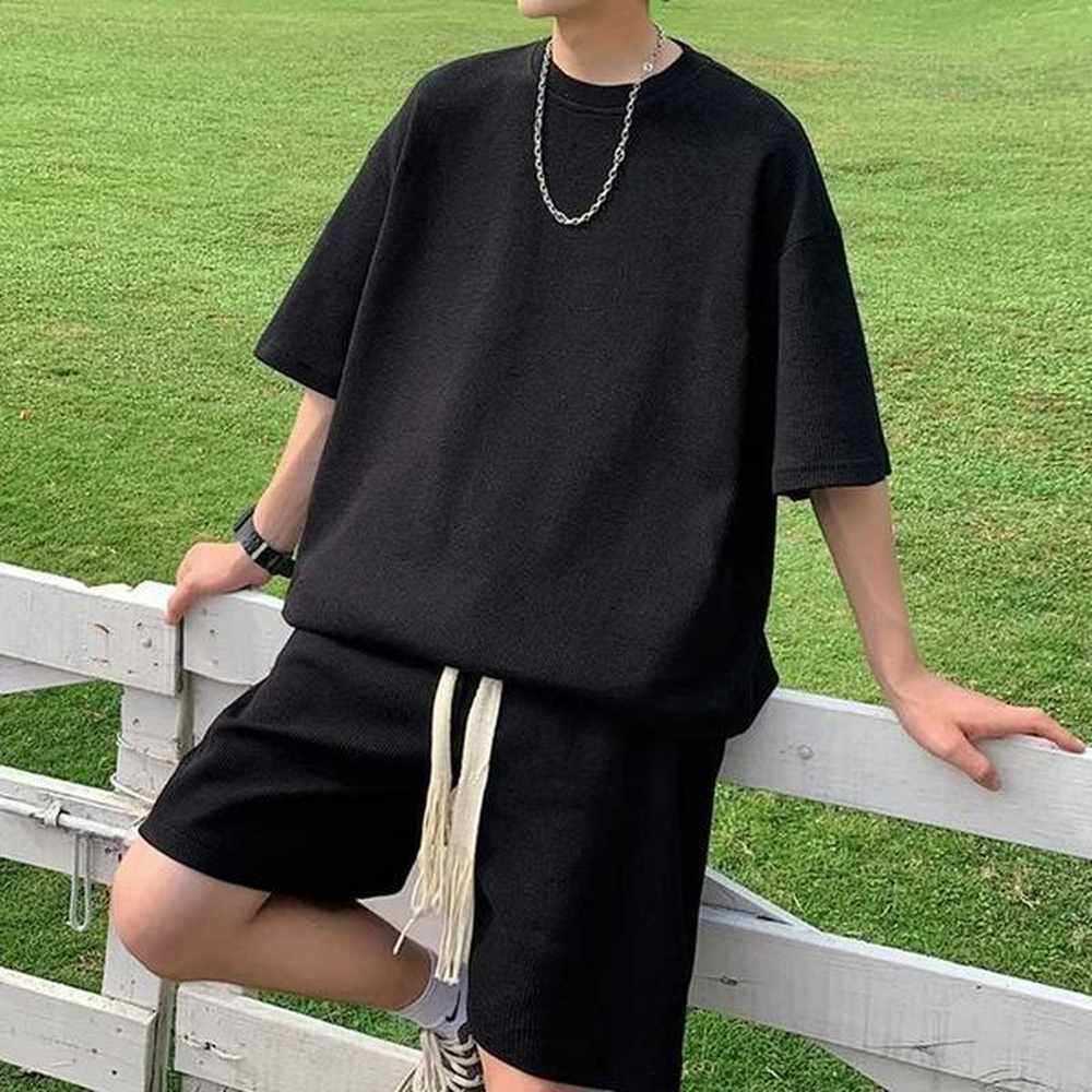Men's Tracksuits Summer oversized mens loose jogging waffle set mens loose Sve T-shirt+shorts 2-piece set casual fashion set z250120