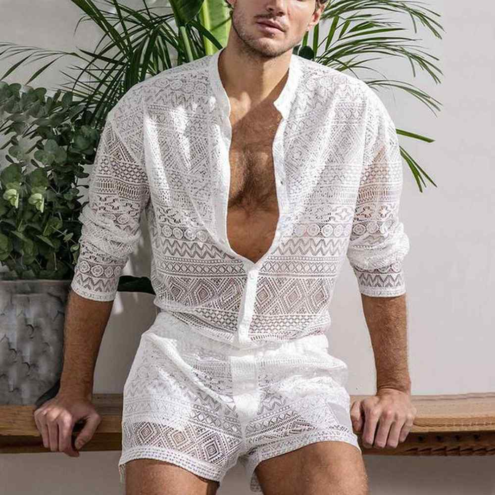 Men's Tracksuits Summer Set Men Long Sleeve Tshirt Shorts Casual Holiday Beachwear Lace Sexy Top and Pants Two Piece Sets Man Matching