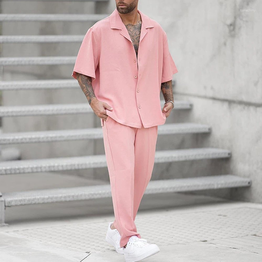 Men's Tracksuits Summer Solid Short Sleeve T-Shirts + Long Pants Suit B3