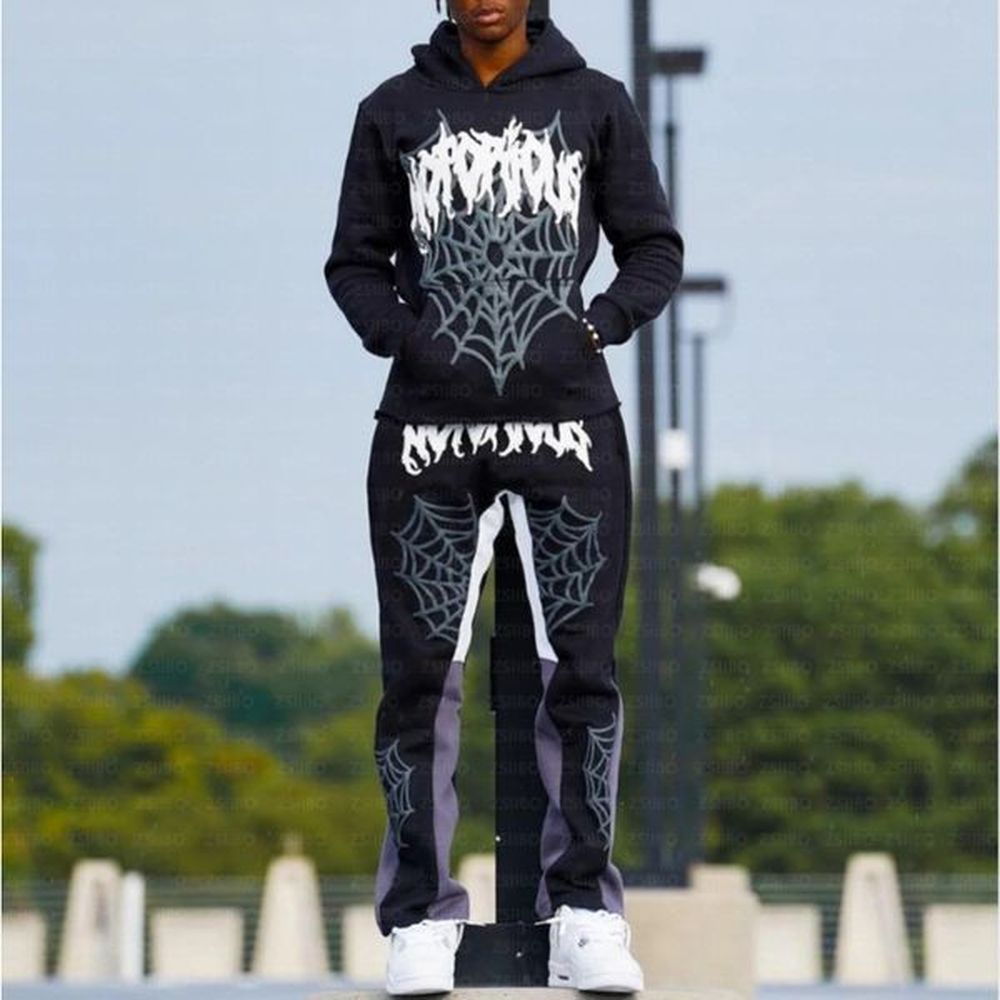 Men's Tracksuits Two Piece Suit High Street Harajuku Spider Style Print Loose Hoodie Y2K Hip Hop Men Womens Casual Pullover Sweatpants