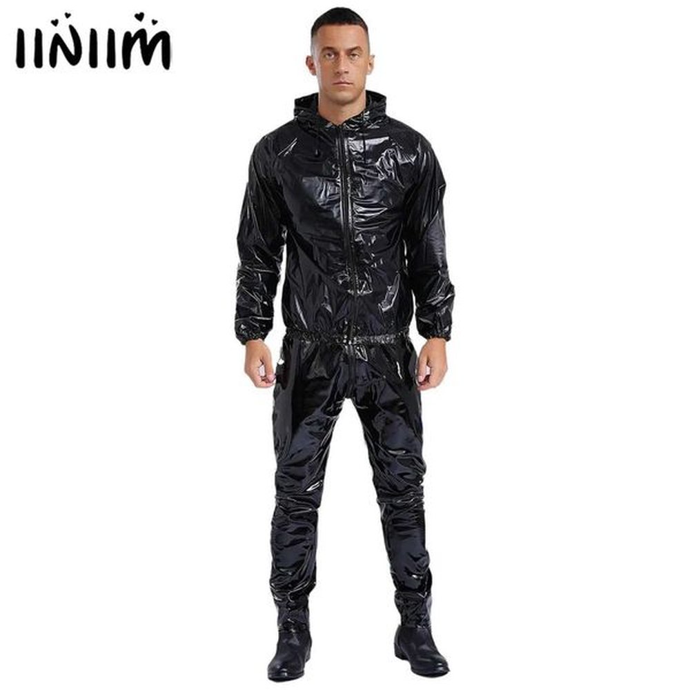 Men's Tracksuits Unisex womens PVC sauna sweater set long Sve zipper drawstring hooded jacket top with pants for exercise adult sauna s