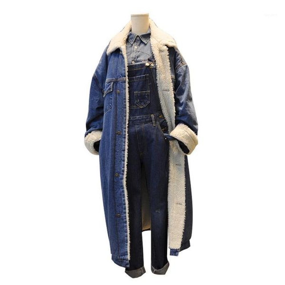Men's Trench Coats Wholesale-Men Women Long Denim Jacket High Street Fashion Hip Hop Winter Thick Cashmere Jean Coat Windbreaker Male O