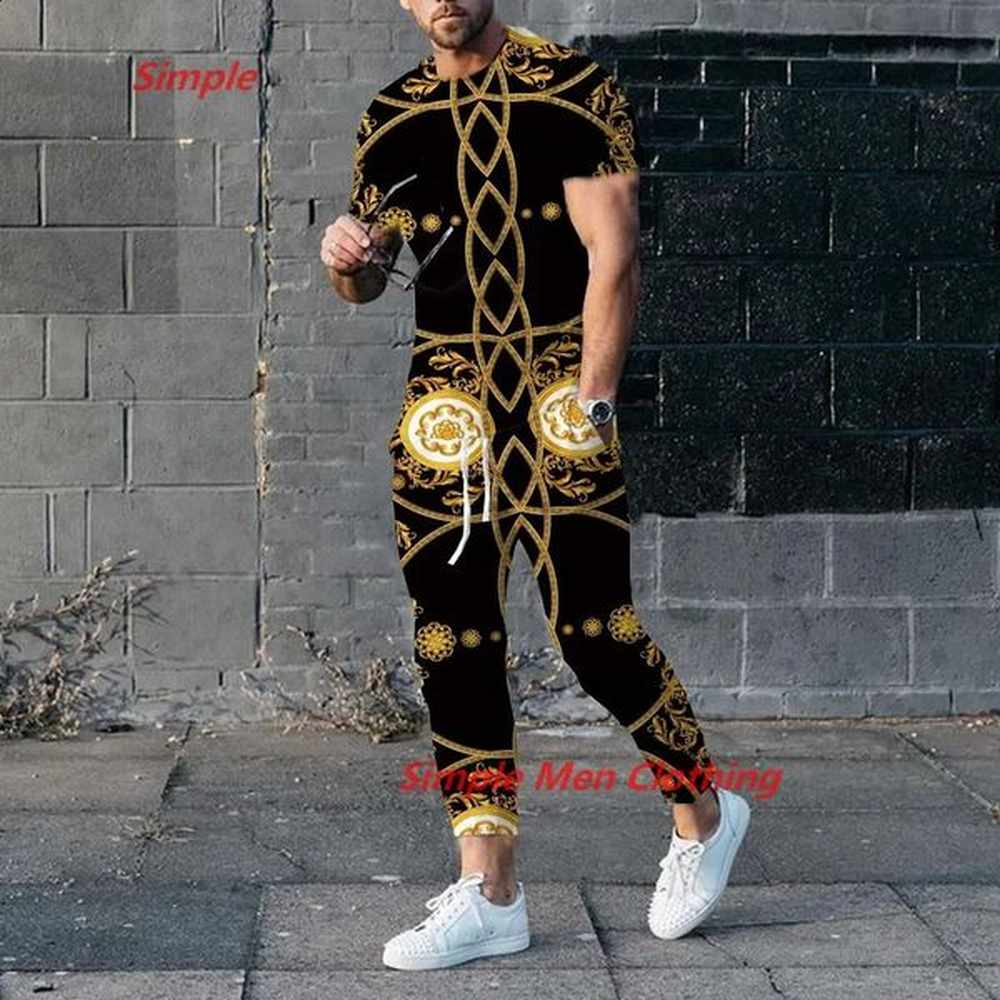 mens Trouser Tracksuit 2-piece set of mens summer jogging sportswear short sleeved T-shirtmens T-shirt long pants set 240925