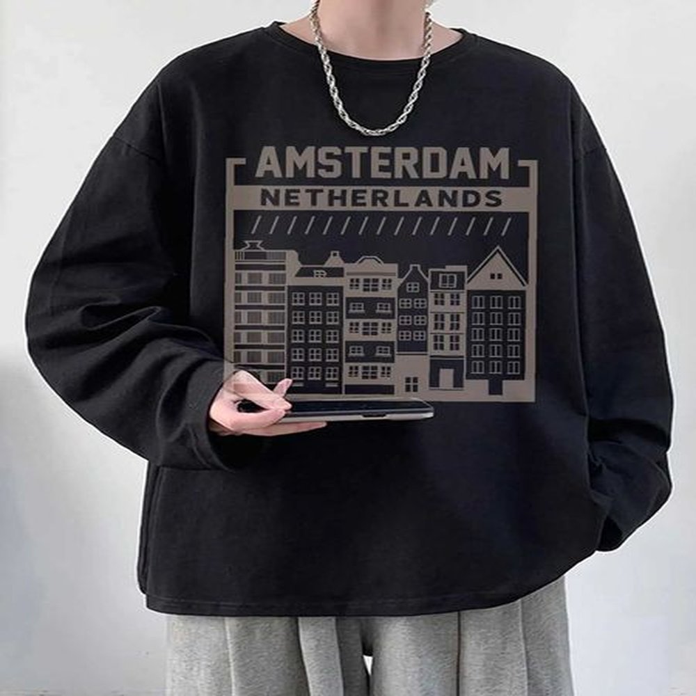 Men's T-Shirts Amsterdam Graphic Men Tops Long Slve Casual T-shirts Fashion 100% Cotton Unisex Clothing O-neck Y2k Male Ts Autumn Loose