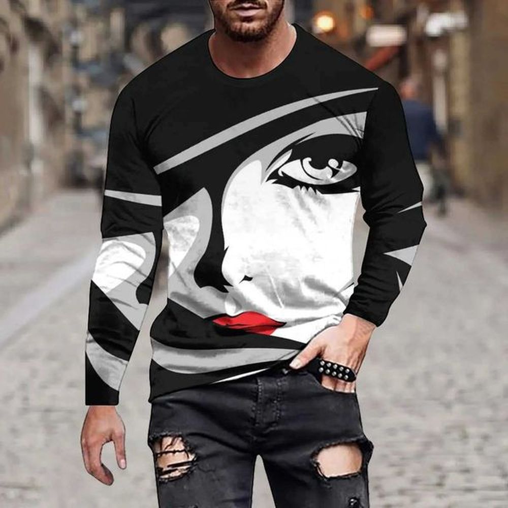 Men's T-Shirts And Autumn Mens Fashion Casual Loose Solid Color Simple Abstract Portrait Pattern Trend Color Long Sve T-Shirt H241112