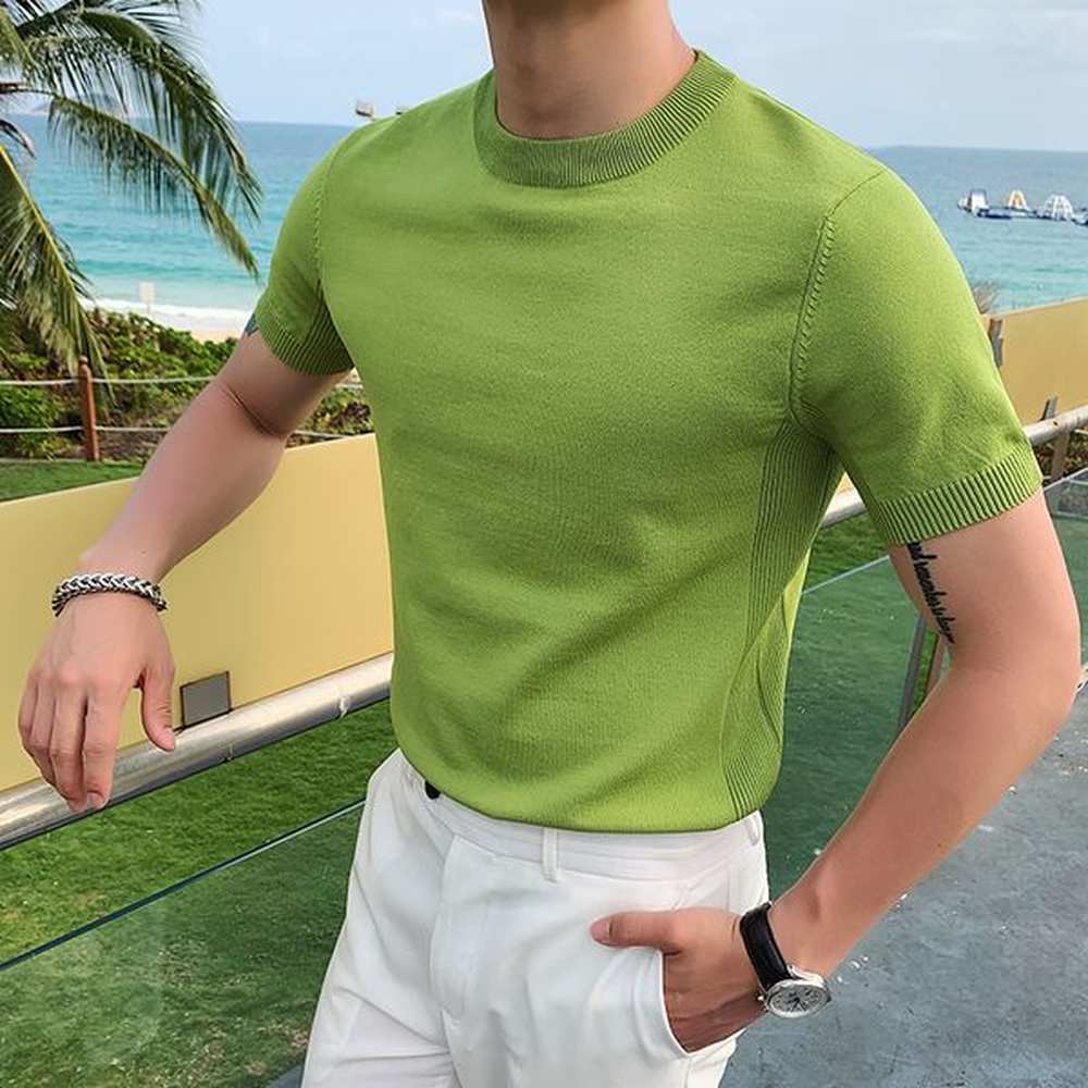 Men's TShirts British Style Summer Ice Silk Short Sleeve Knitted T Shirts Men Simple Pure Color ONeck Casual Slim Tee Shirt Top Homme M