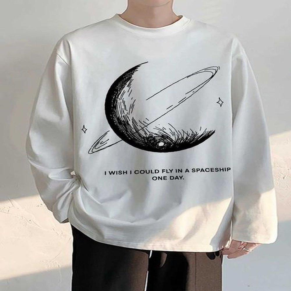 Men's T-Shirts Fashion Moon Print Men Ts Long Slve T-shirts Korean Style Casual Unisex Y2k Clothing Crew Neck Harajuku Kpop Male Tops Y