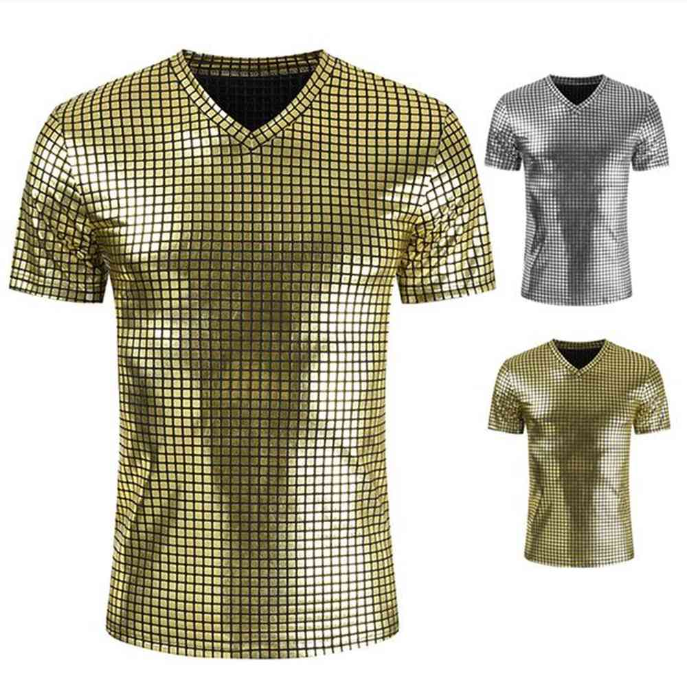 Men's T-Shirts Gold Silver Plaid Metallic Nightclub Wear Tshirt Men Sexy New Disco Party Stage Prom Tshirts Men Slim Fit V Neck Tee Shi