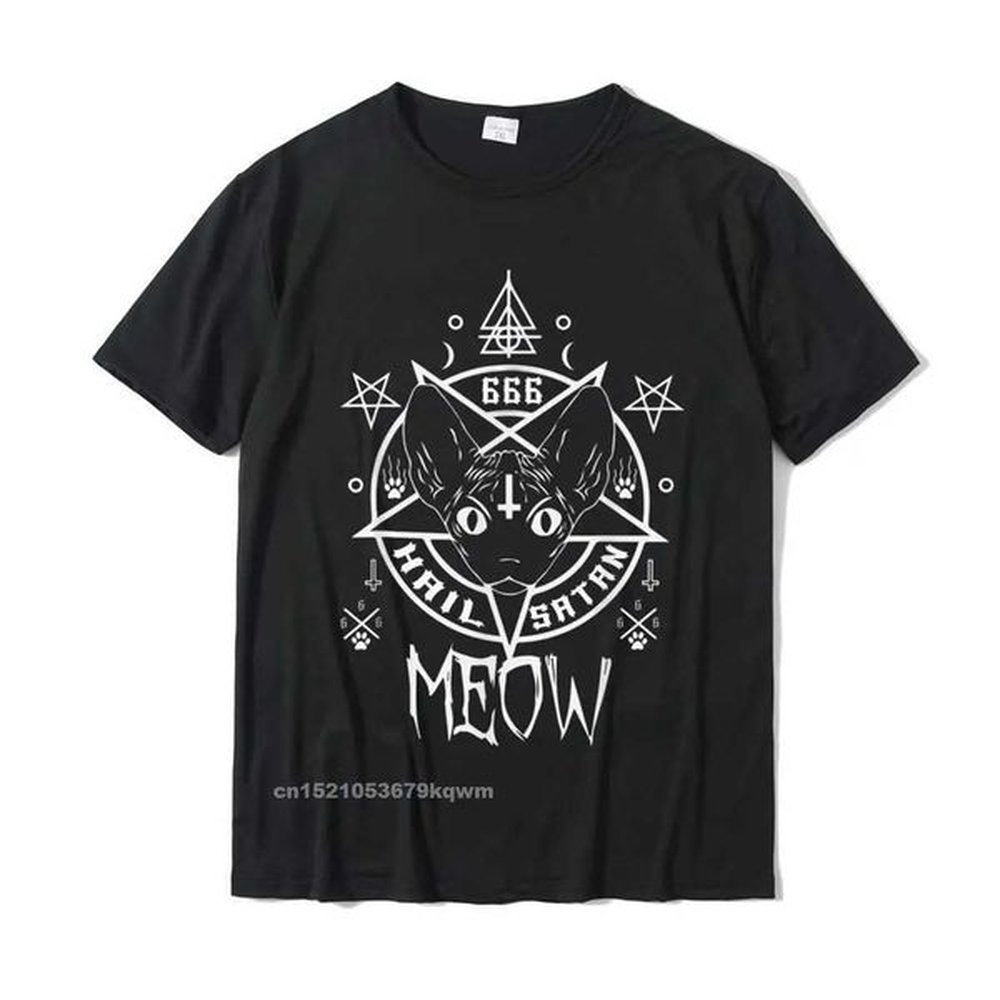 Men's T-Shirts Hail Satan Meow Demonic Sphynx Cat 666 Fun T-shirt Regular Cotton Mens Top Personalized Q240514