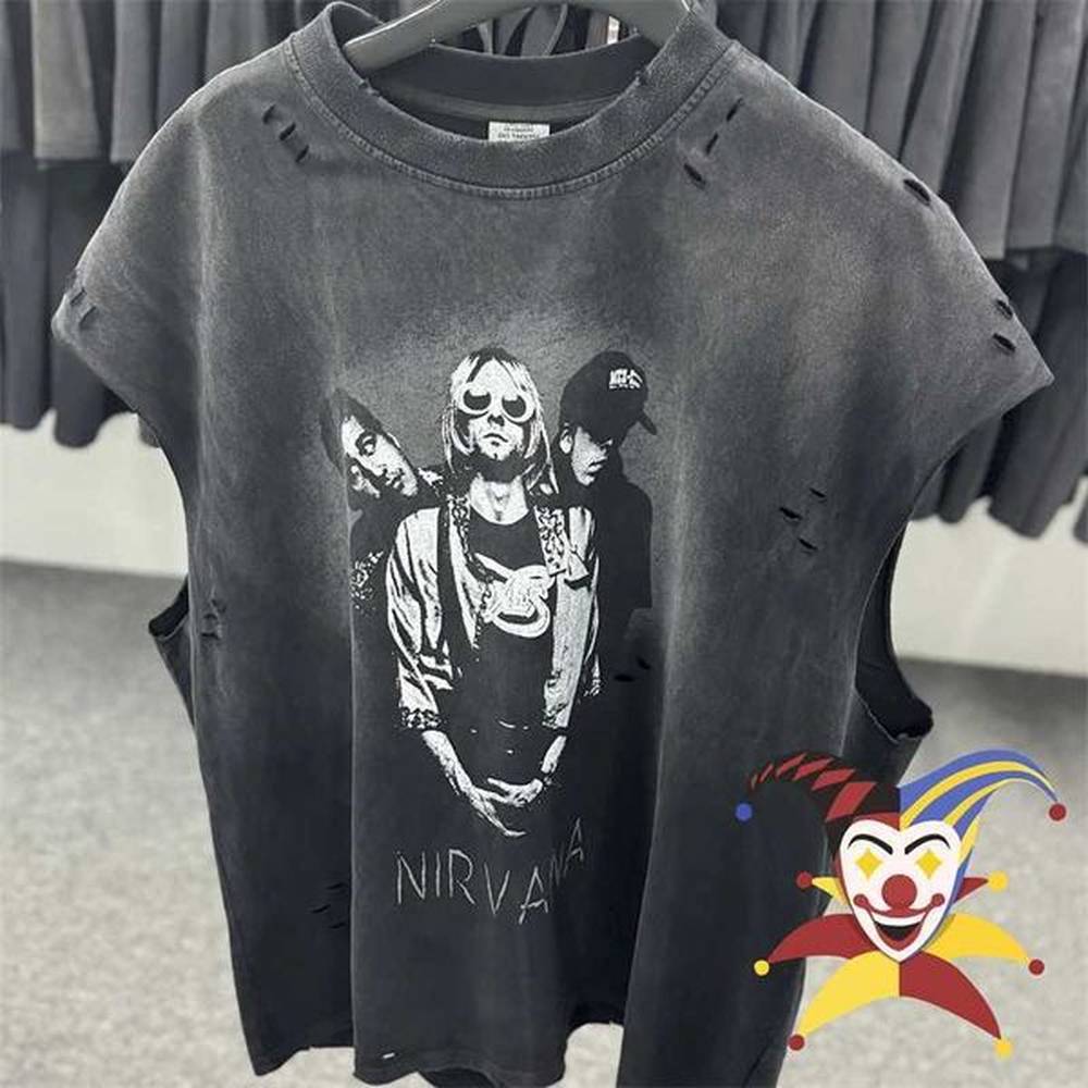 Men's T-Shirts Hole SAINT Vintage Washed Sleeveless Band Pattern T-Shirts High Quality Heavy Fabric T Shirt Tee Tops J250115