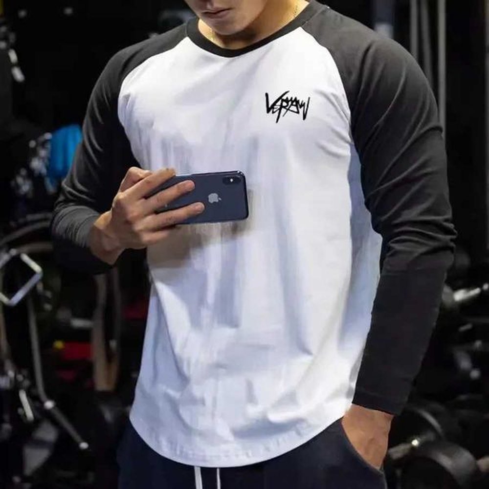 Men's T-Shirts Men Cotton T shirt Long Slve Patchwork Shirt Bodybuilding Curved Hem Workout Fitness T-shirt Men Spring Autumn sport Clo