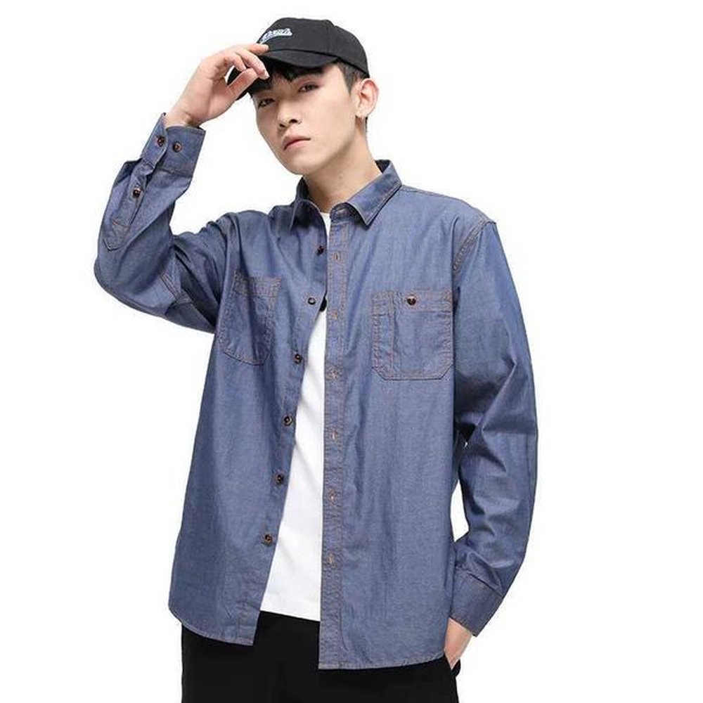 Men's T-Shirts 2023 Men Shirt New Summer Mens Clothing Youth Slim Casual Imitation Denim Shirt Jacket Fashion Male Long-Sved Shirt H241
