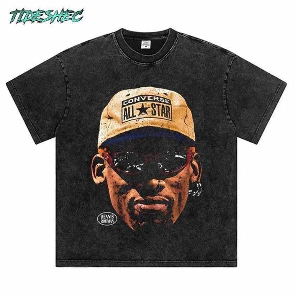 Men's T-Shirts Mens 2024 Dennis Rodman Tshirt Oversize Hip Hop Cotton Washed Tshirt Streetwear Vintage Harajuku Portrait Graphic Print