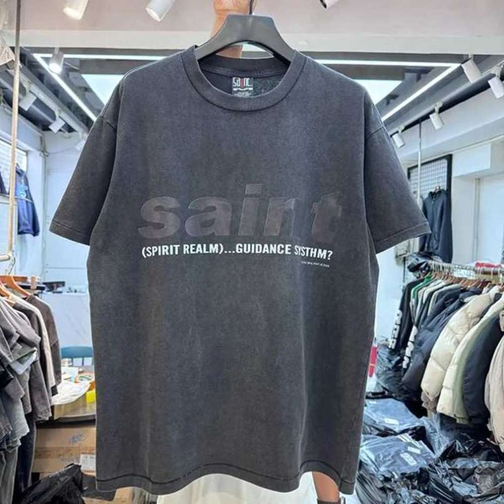 Men's T-Shirts SAINT Simple Letter Printed 2025 Summer T-shirt Retro Washed Loose Tee Men Women High Quality Hip Hop Round Neck Short S