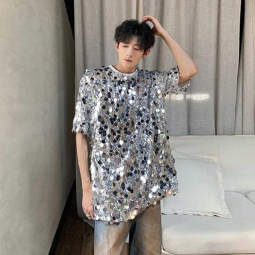 Men's T-Shirts Sparkling short sleeved T-shirt mens street fashion show party clothing couple unisex T-shirt womens summer top T-shirt