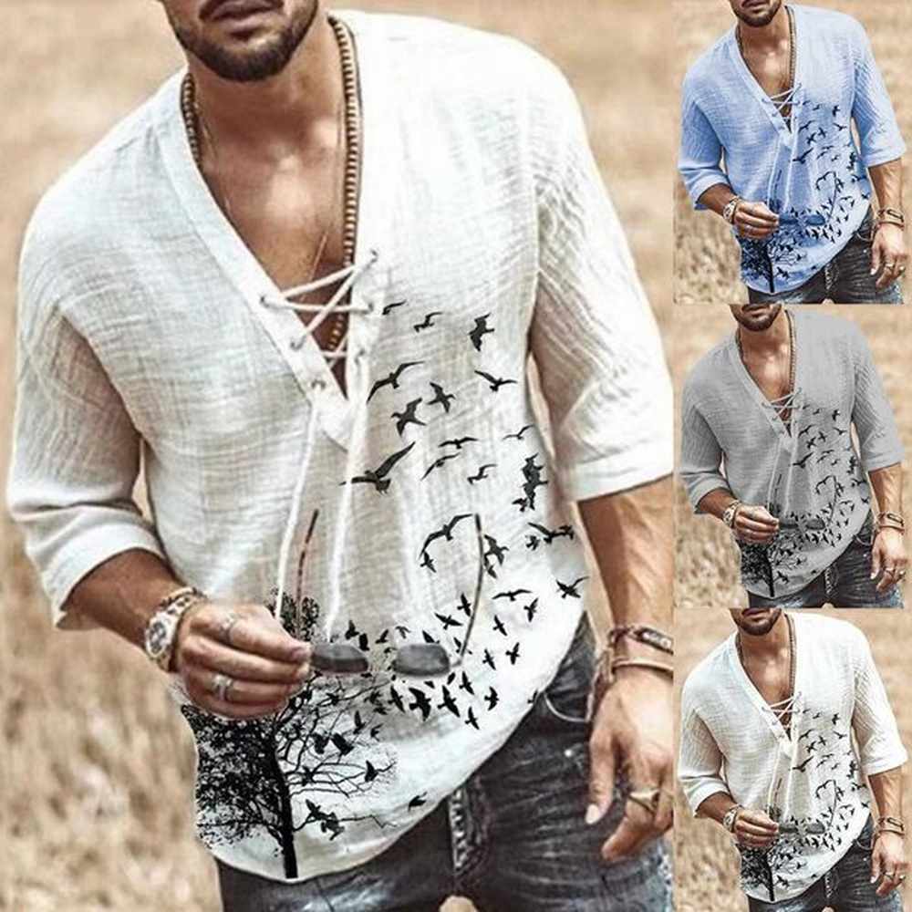 Men's T-Shirts Summer and Autumn 2021 Fashion Halloween Mens T-shirt V-neck lace vintage half sleeved cotton shirt top Q240514