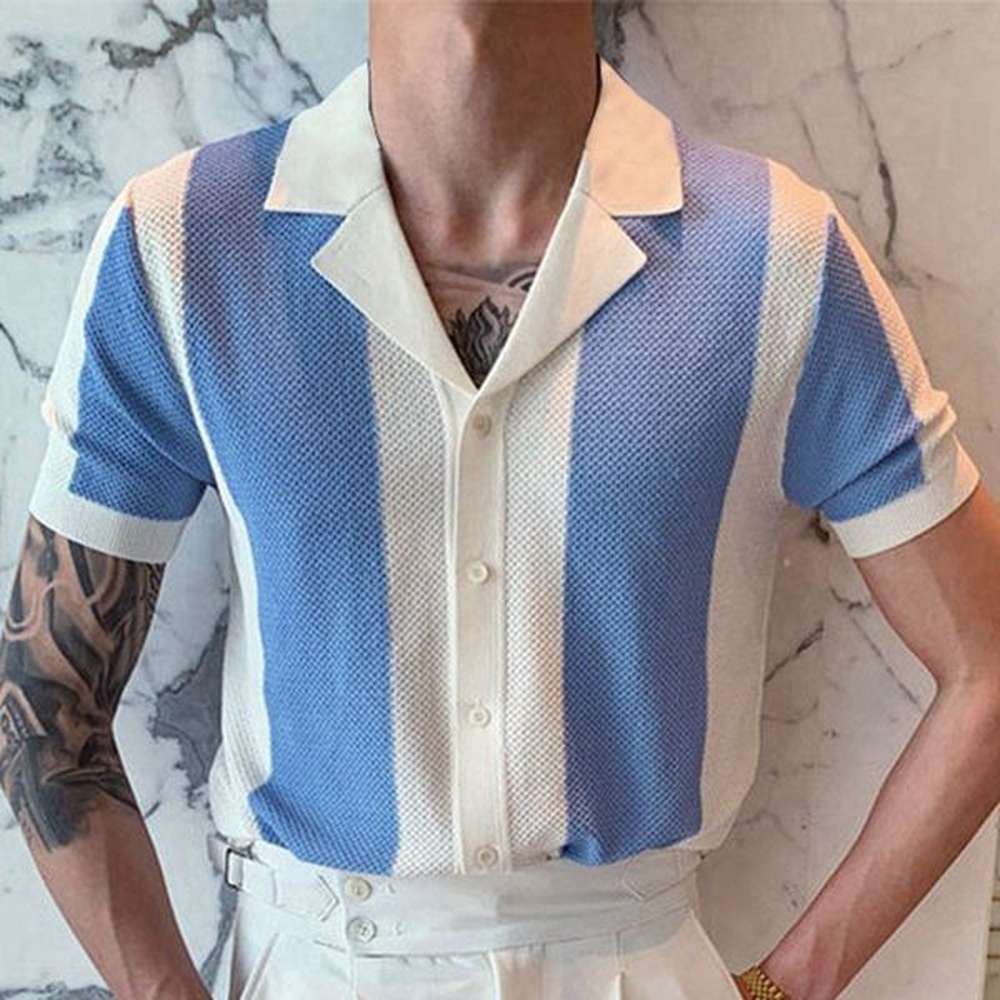 Men's T-Shirts Summer Men Turn-down Collar Shirt Patchwork Buttons Ribbing Short Sleeve Breathable Knitted Streetwear For MaleMen'
