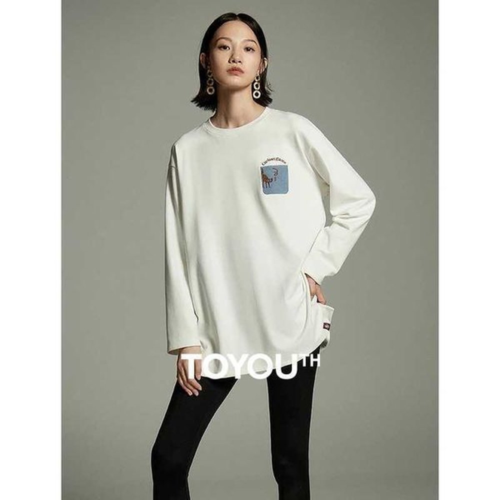 Men's T-Shirts Toyouth Womens Medium length Ts 2024 Winter Long Sleve Round Neck Loose T-shirt Embroidered Fashionable and Casual Overs