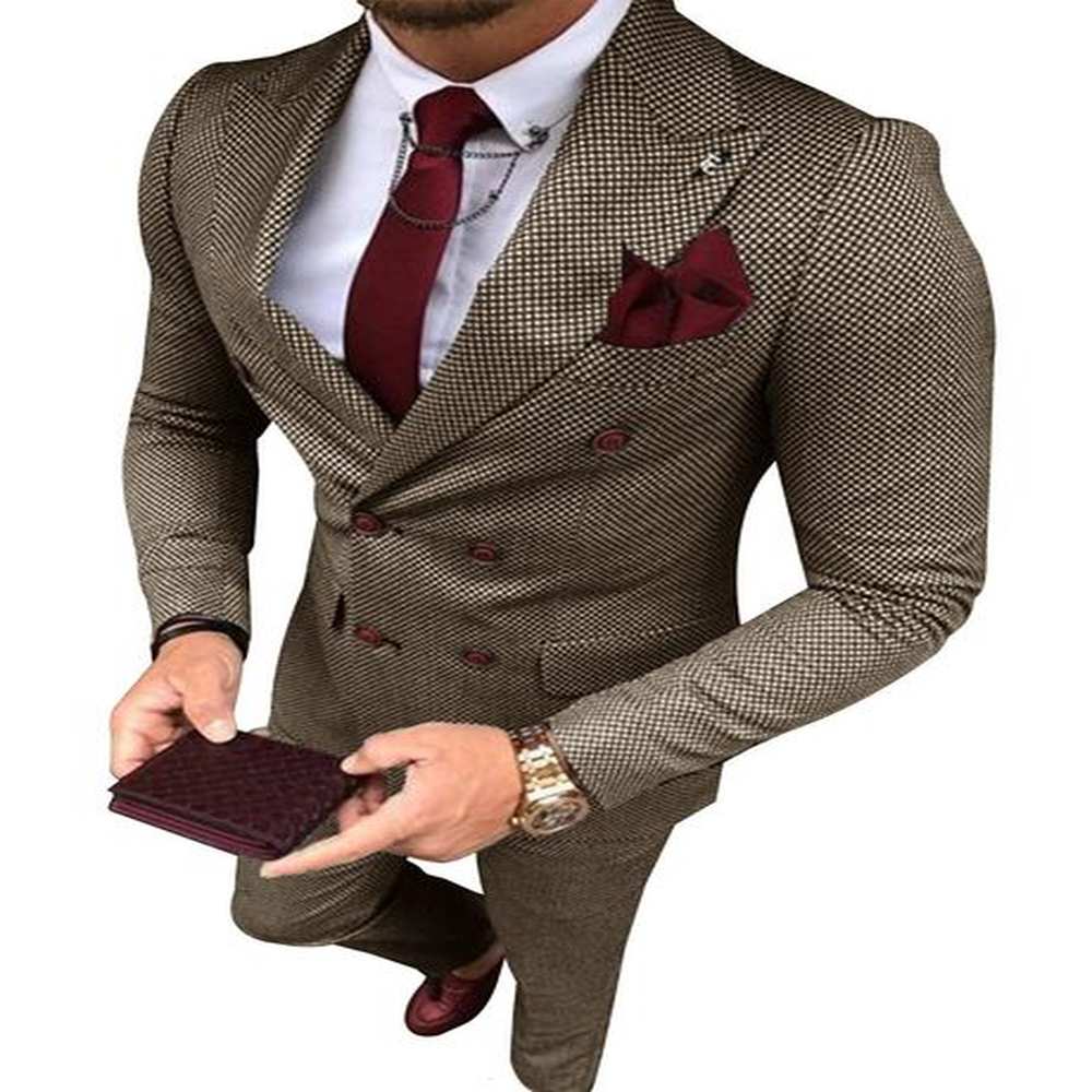 Mens Tweed Suit Plaid Double Breasted Jacket and Pants Groom Business Tuxedos men suits wedding prom 250210