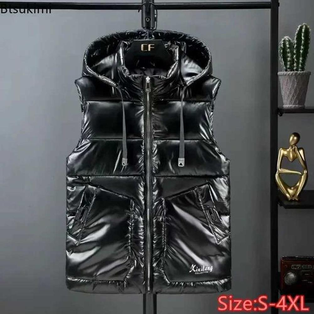 Men's Vests New 2025 mens smooth hooded vest autumn thick windproof warm casual vest fashionable and handsome down cotton parkour vest