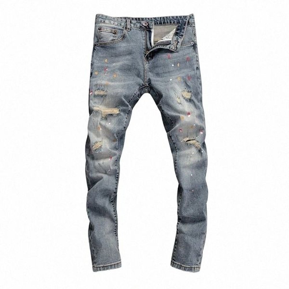 mens Vintage Denim with Ripped Distred Faded Slim-fit Jeans Printed High-end Streetwear Fi Hip-hop Streetwear Jeans 138g#