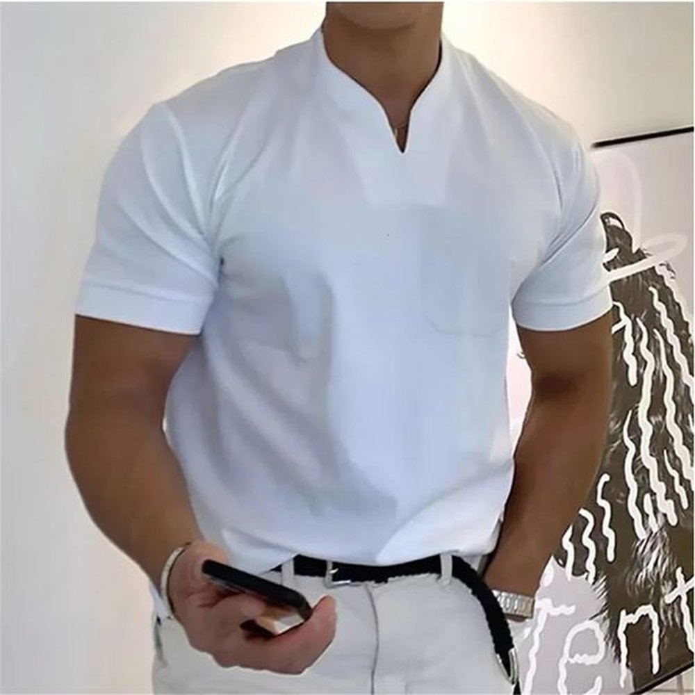 2024 Mens V-neck T-shirt Solid Cotton Short sleeved Summer Leisure Sports Wear High Quality Beach Top S-5XL 240711