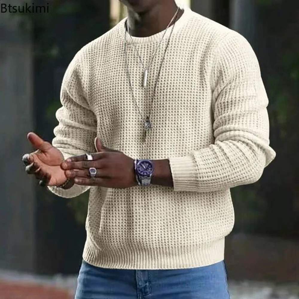 2025 Mens Waffle Knitted Sweaters Solid Loose Casual Oneck Pullover Tops Spring Autumn Long Sleeve Sweatshirt Male Sweater 241227